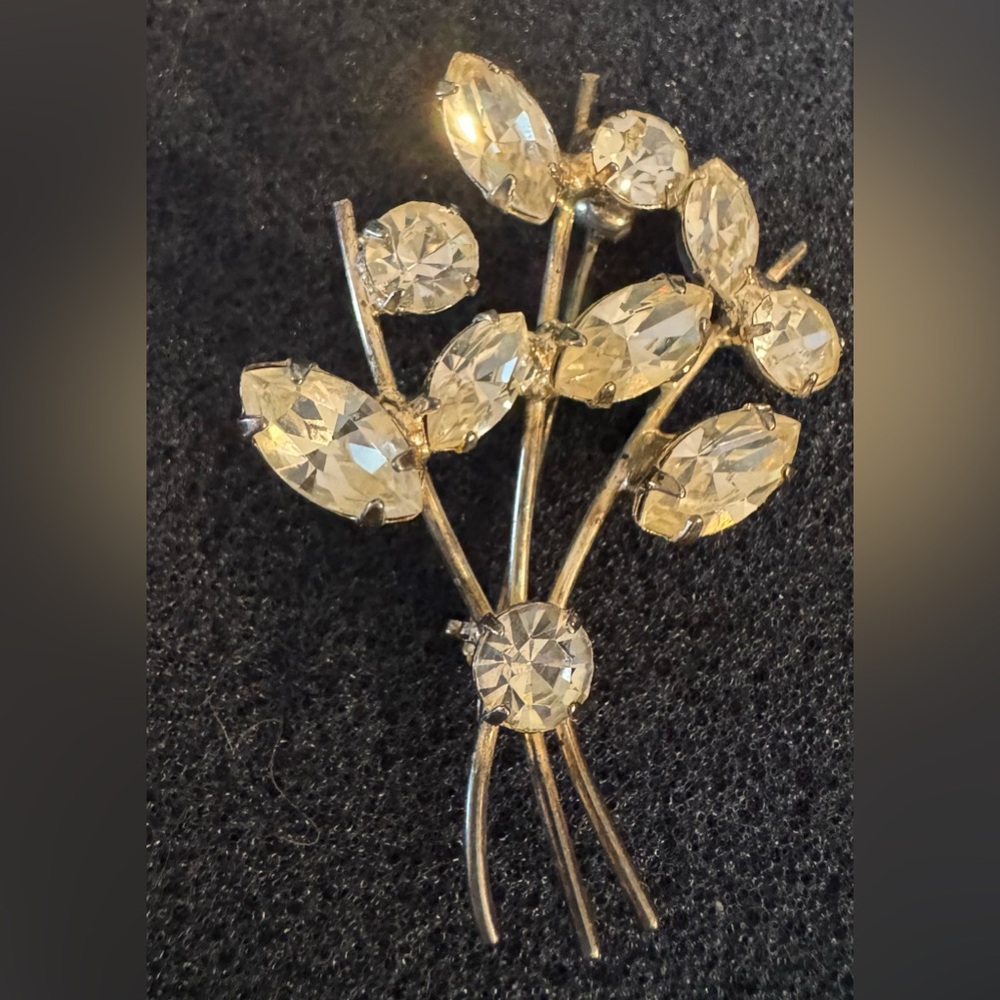 Vintage Silver Tone Crystal Floral Brooch